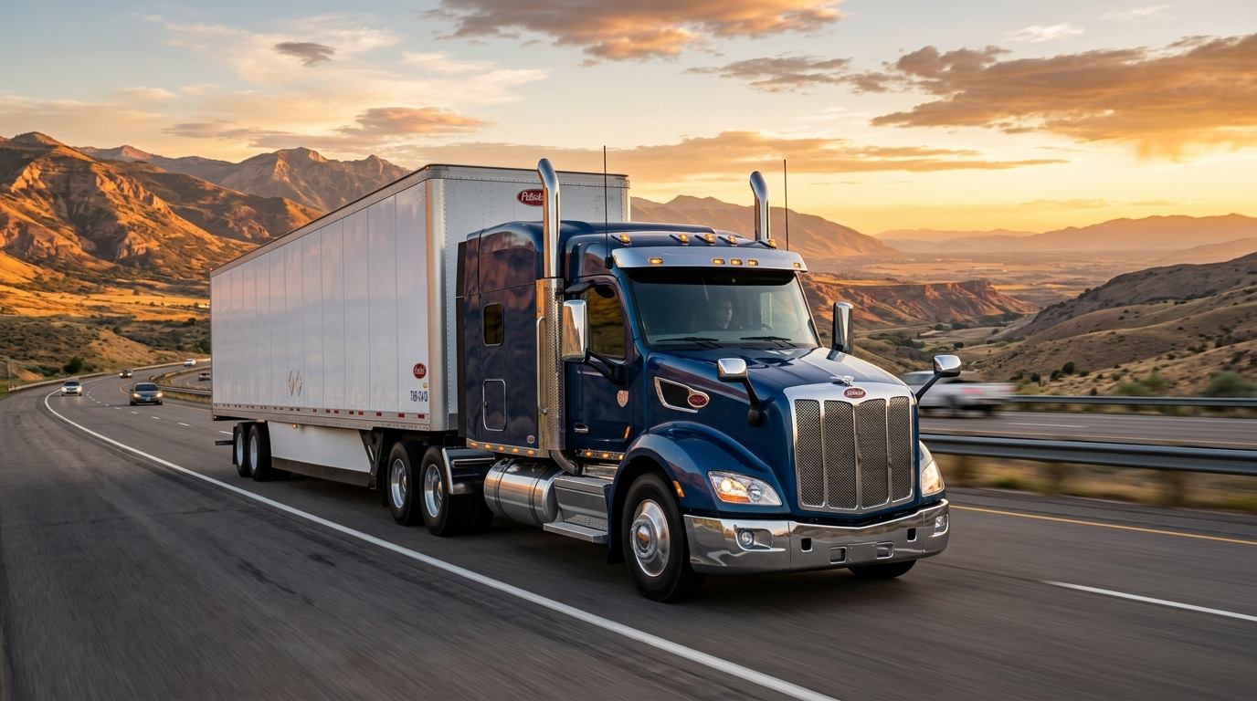 Semi-truck on an open highway at sunset