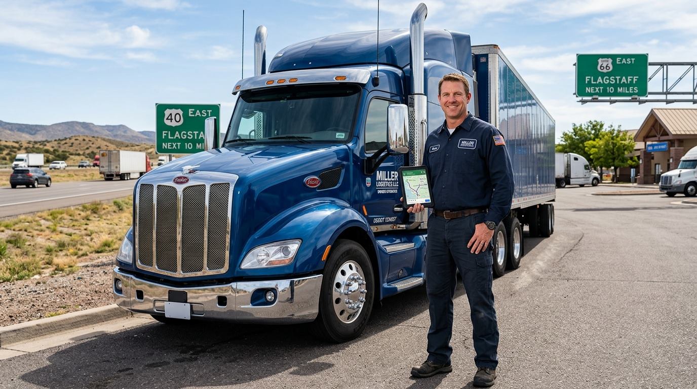 Truck driver standing beside a semi-truck