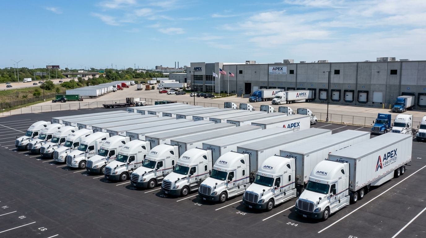 Row of semi-trucks at a terminal